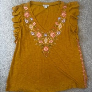 Sundance Mustard Embroidered V-Neck Ruffle Tank